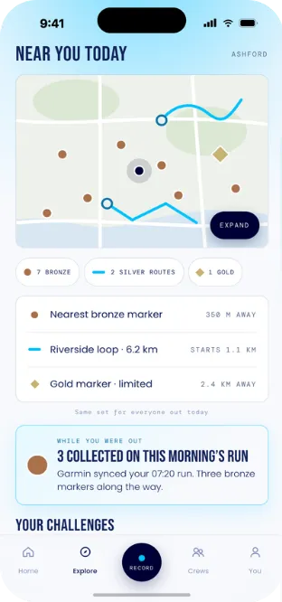 The Near You Today map, showing bronze markers, silver routes and a gold marker close to the athlete, and three markers collected on a morning run.