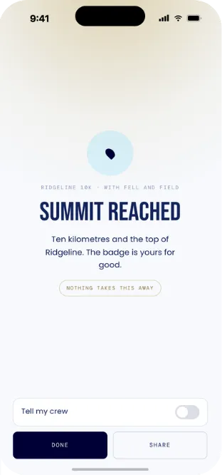 A Summit Reached screen for a sponsored 10K challenge: the badge is the athlete's for good, with options to tell their crew or share.